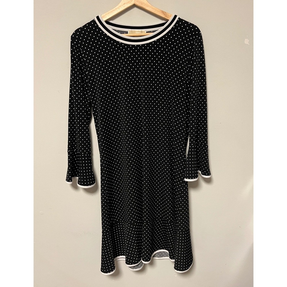 Michael Kors Polka Dot Dress Womens L Dark Blue Pre-owned Bell Sleeve Fit Flare